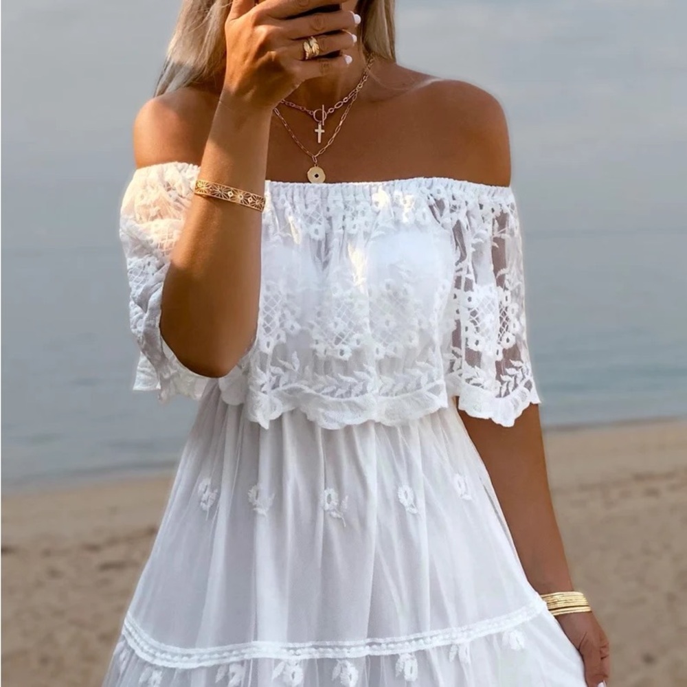 White Off-Shoulder Lace Dress boho wedding gown long dress